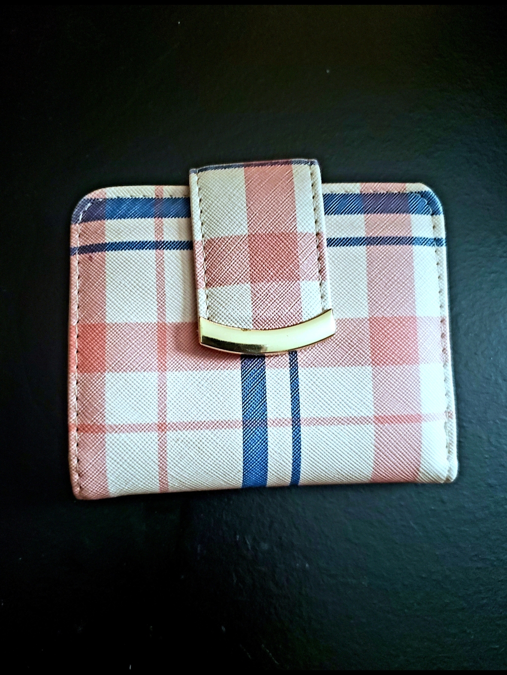 Time and Tru Plaid Card Holder in Pink and Blue with Gold Accent